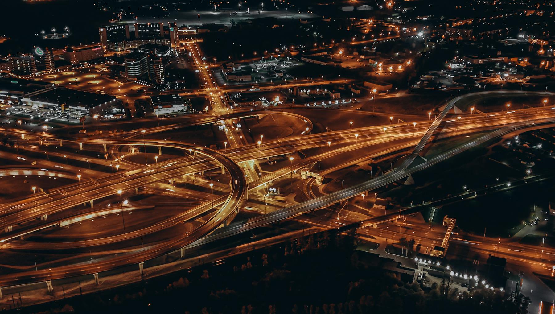 Connected city network from above at night