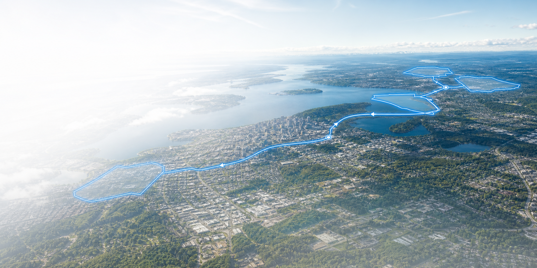A bright aerial market view where one local territory expands into three connected markets