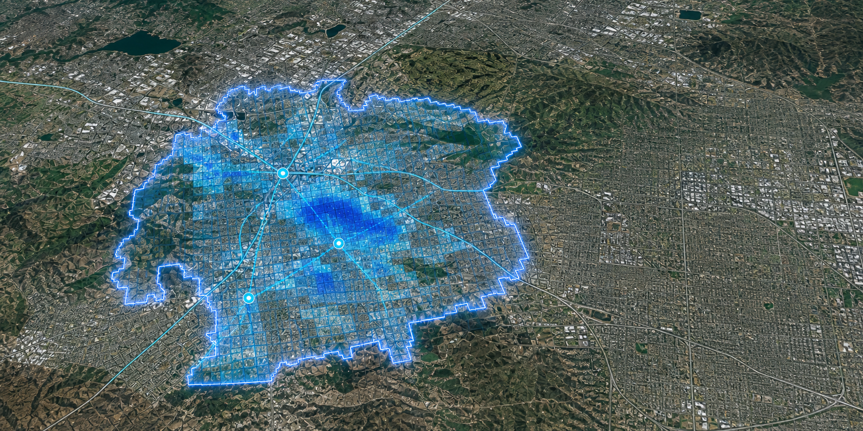 Satellite view of Riverside with a blue territory boundary, demand density, search corridors, and three prepared mission zones