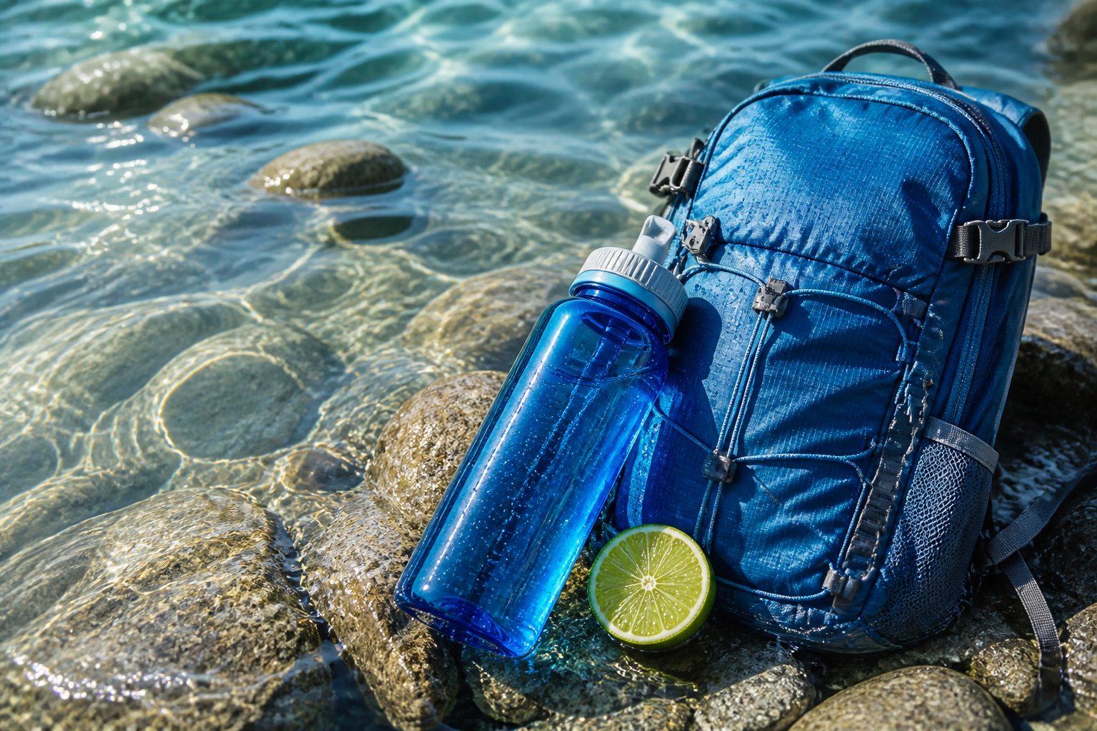 A blue hydration pack and water bottle staged beside clear moving water