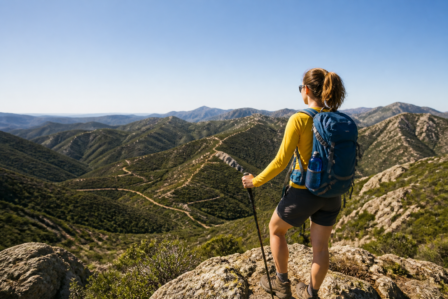A hiker carrying a blue hydration pack on a sunlit Southern California mountain ridge