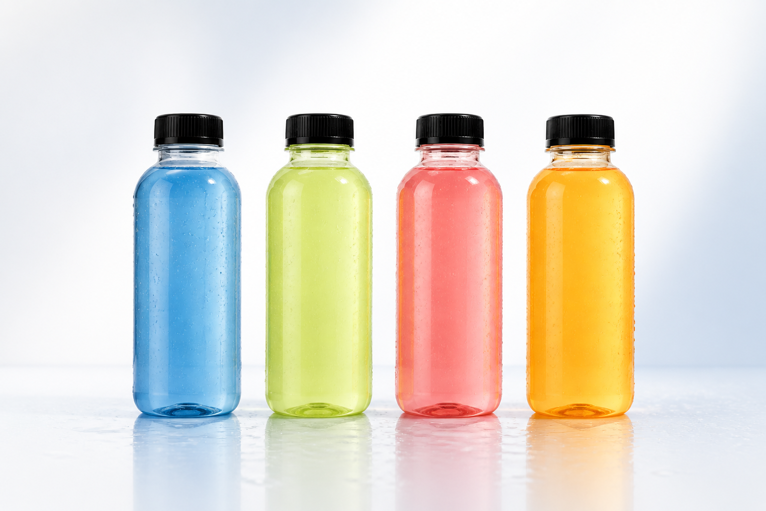 Four colorful blank hydration bottles arranged on a bright studio surface