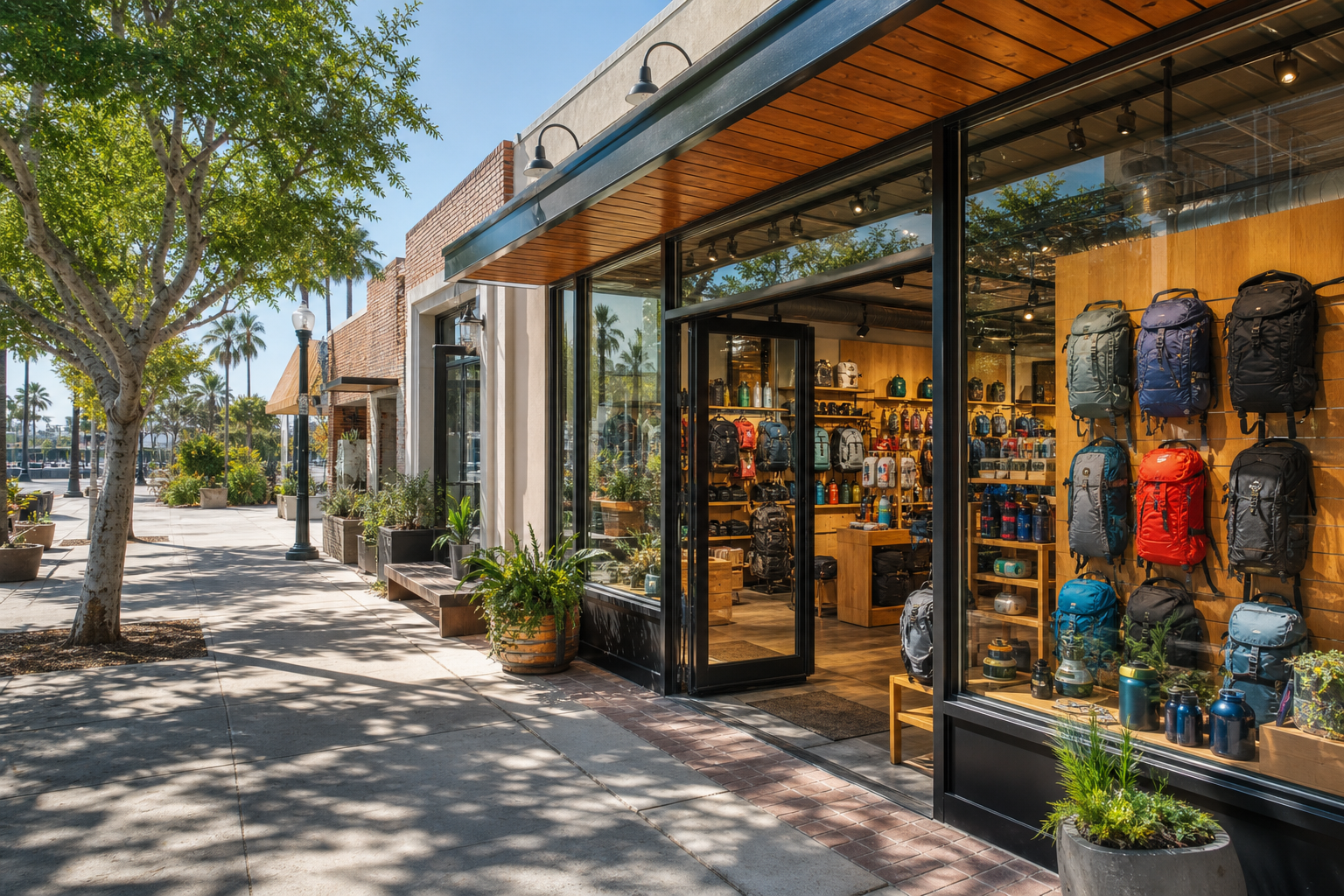 A modern outdoor goods storefront with hiking packs and hydration gear
