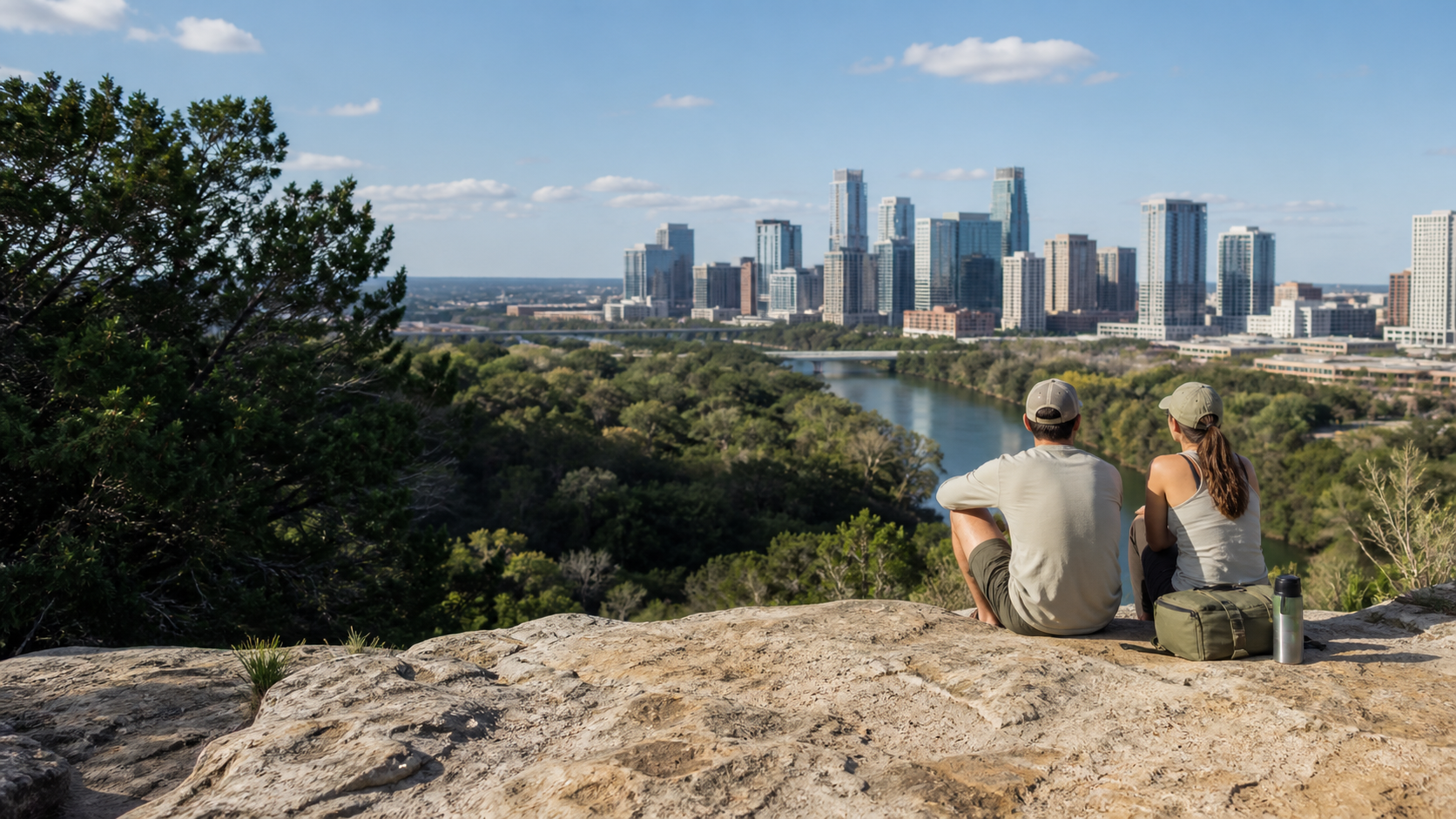 Two outdoor travelers overlooking a greenbelt and the Austin skyline