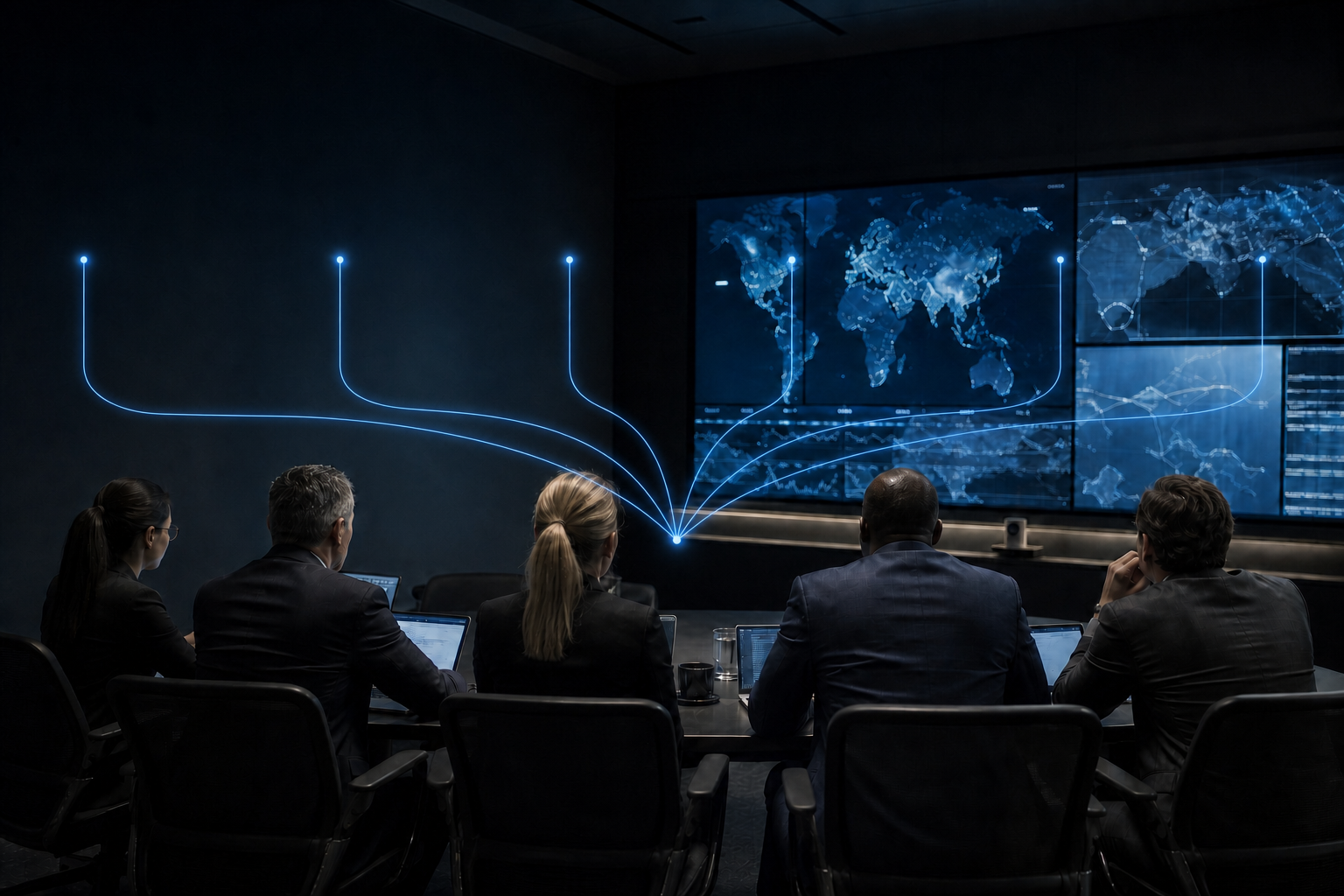 Enterprise commerce operations command room connected by six operating routes