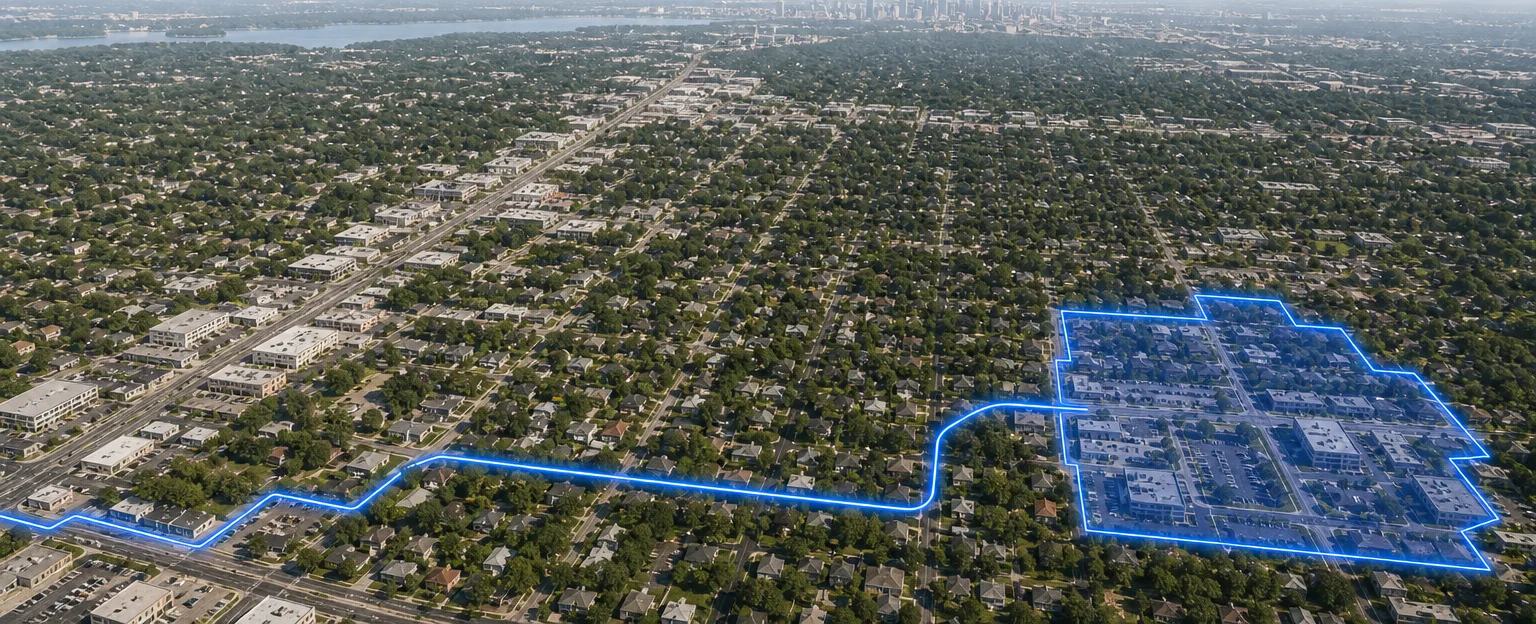 A modeled aerial route leading toward a highlighted next-market territory