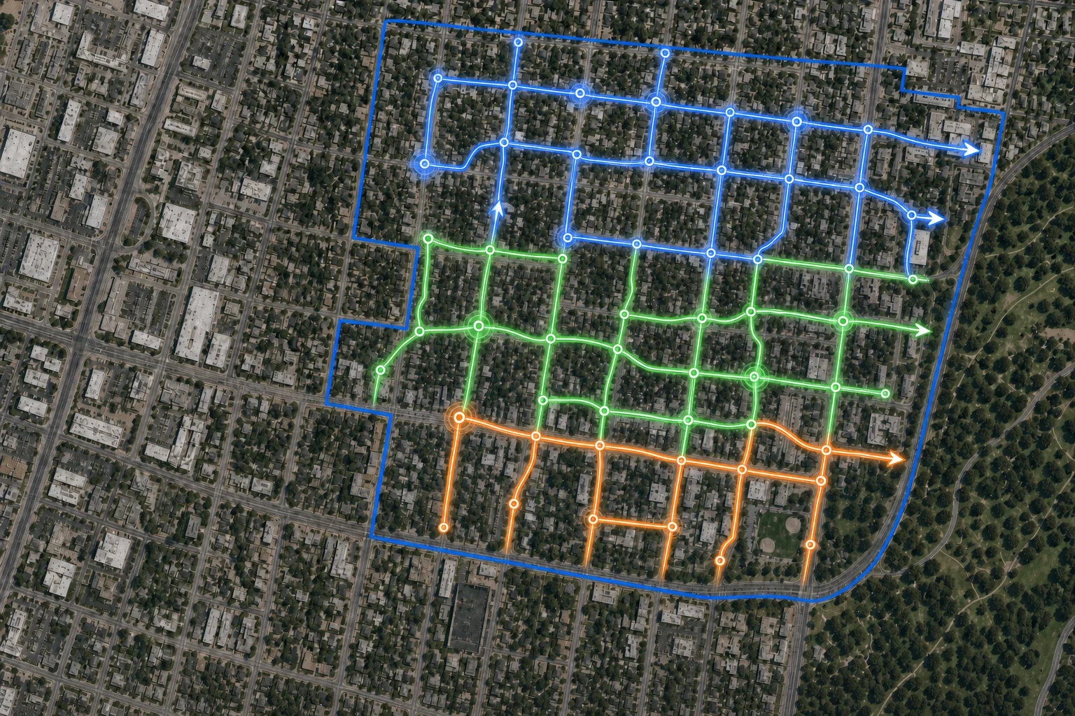 Satellite market map with modeled routes following visible streets