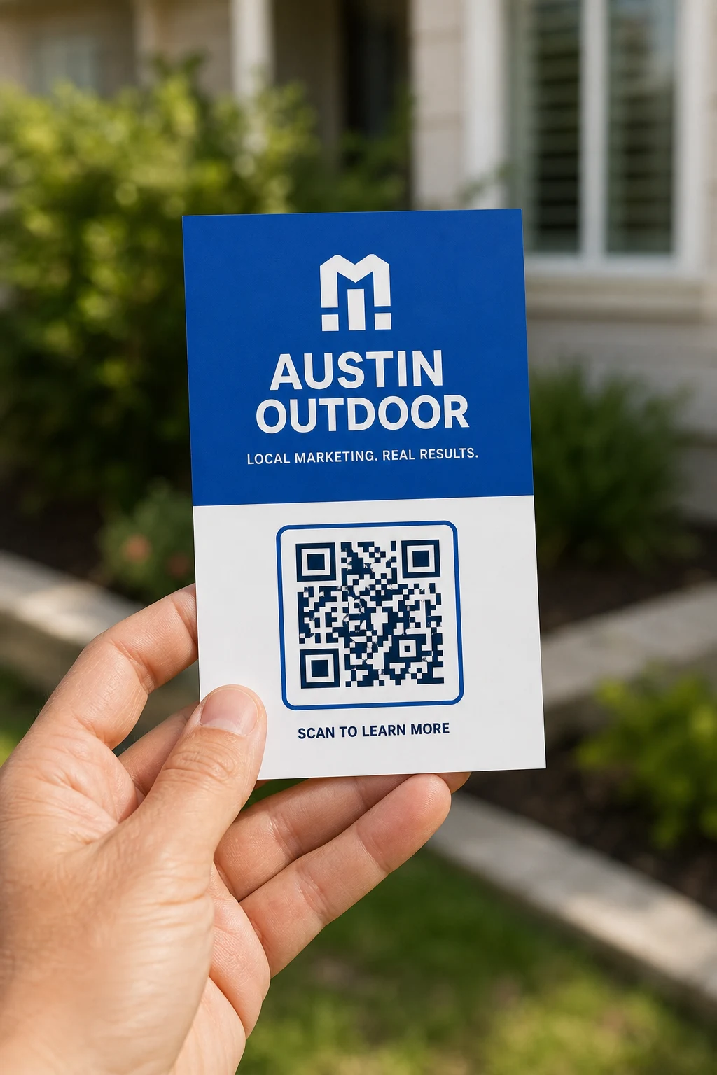 Small Austin Outdoor QR flyer held in one hand with the complete flyer visible