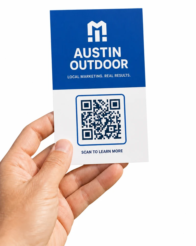 Austin Outdoor handheld QR flyer that opens the Riverside Territory Store