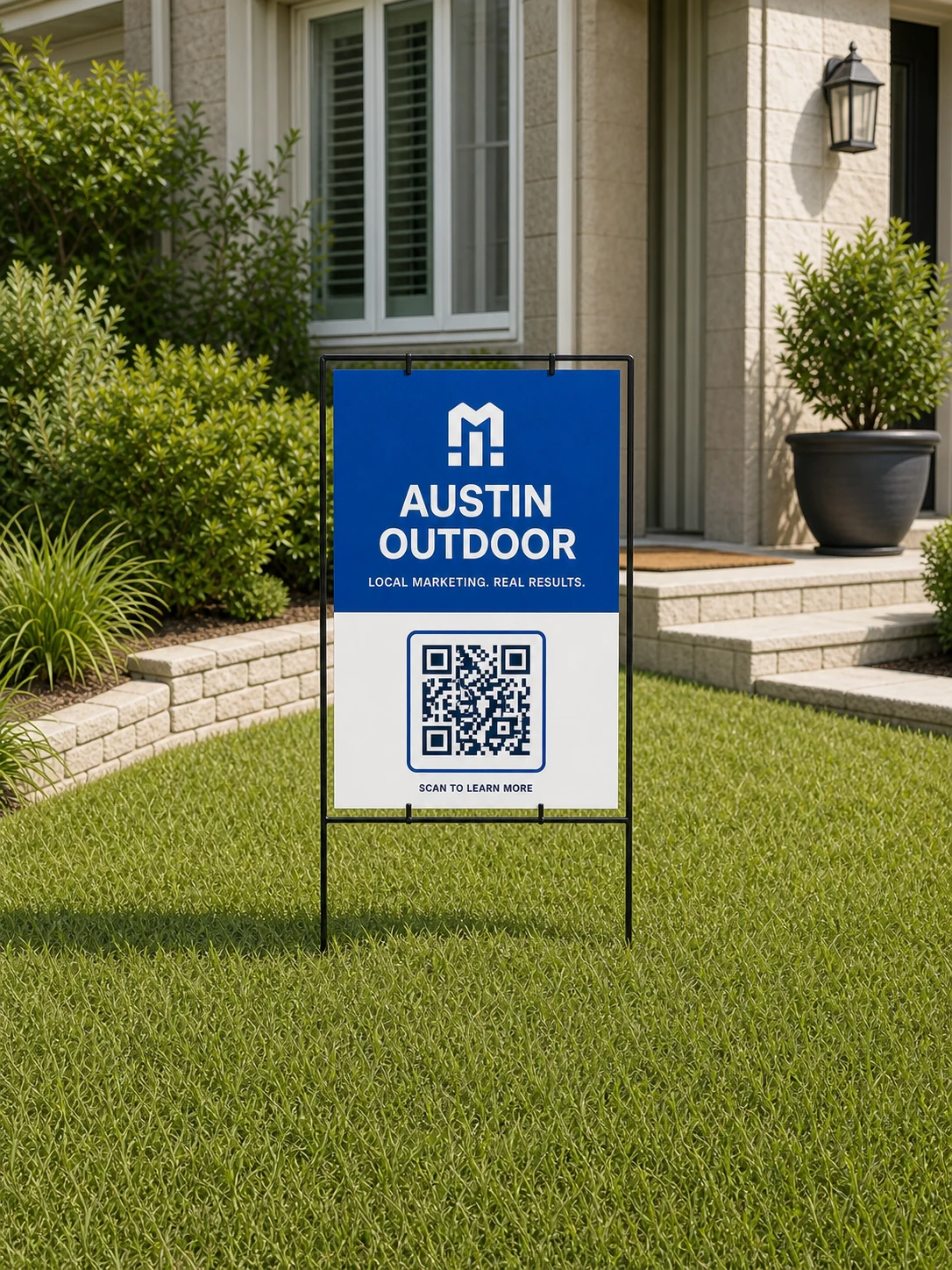 Matching Austin Outdoor QR yard sign placed in a front yard