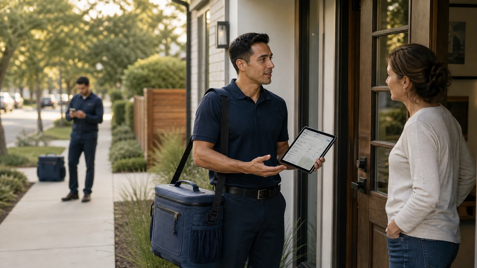 A Lake Life ATX field operator using permissioned digital context for a prepared doorstep product introduction
