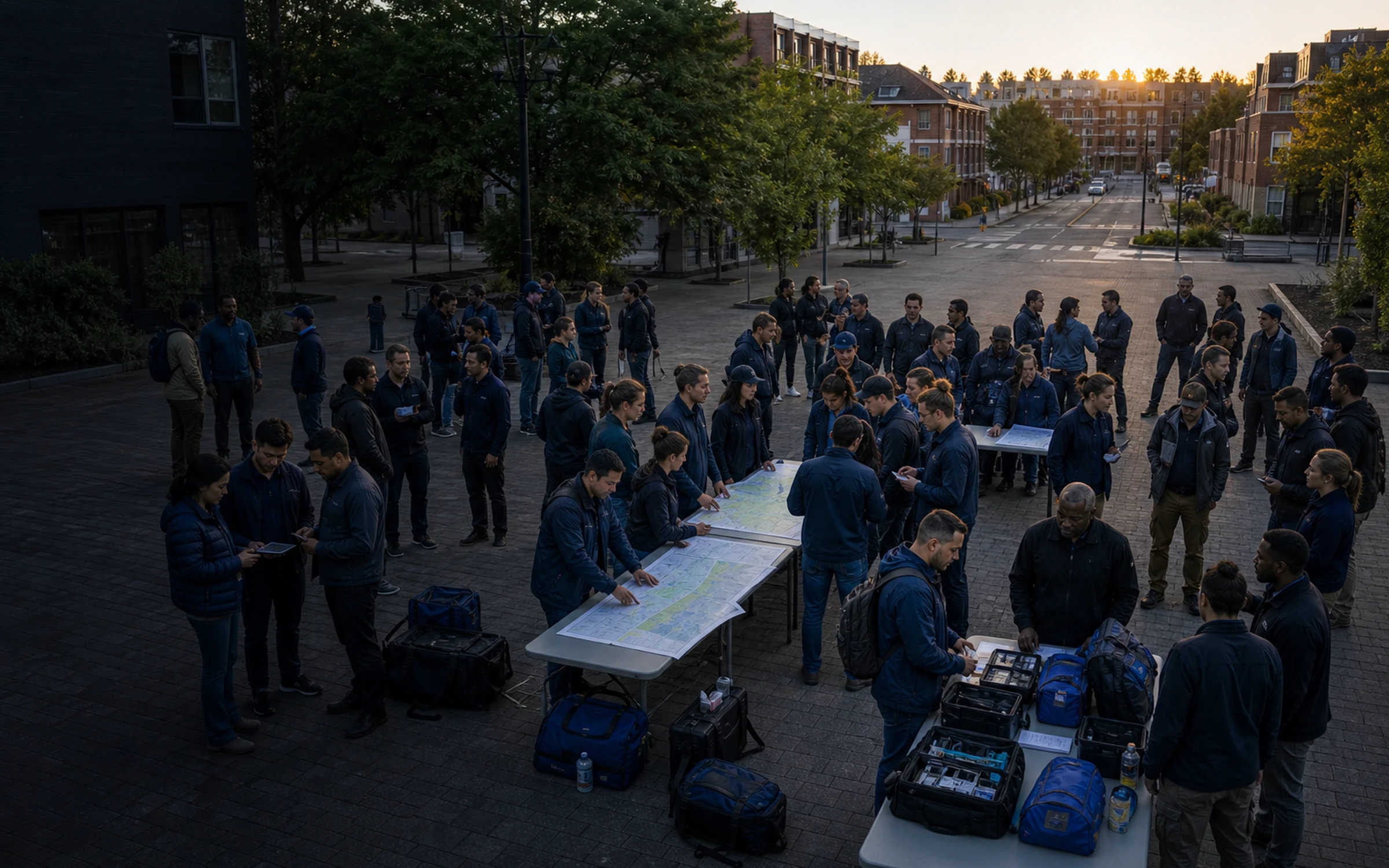 Local field crew assembling around territory maps before deployment