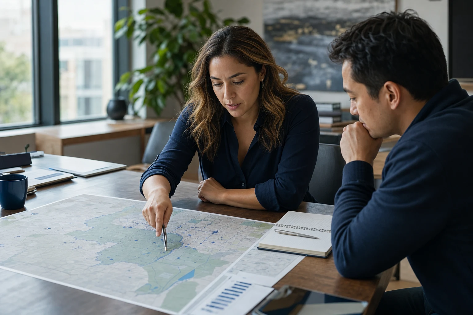 Customer operations team planning territory and outcomes from a map workspace