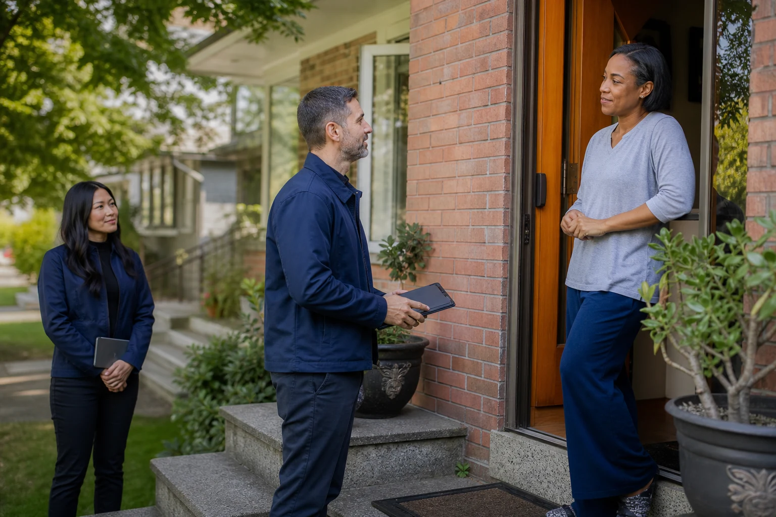 Respectful doorstep introduction with a resident