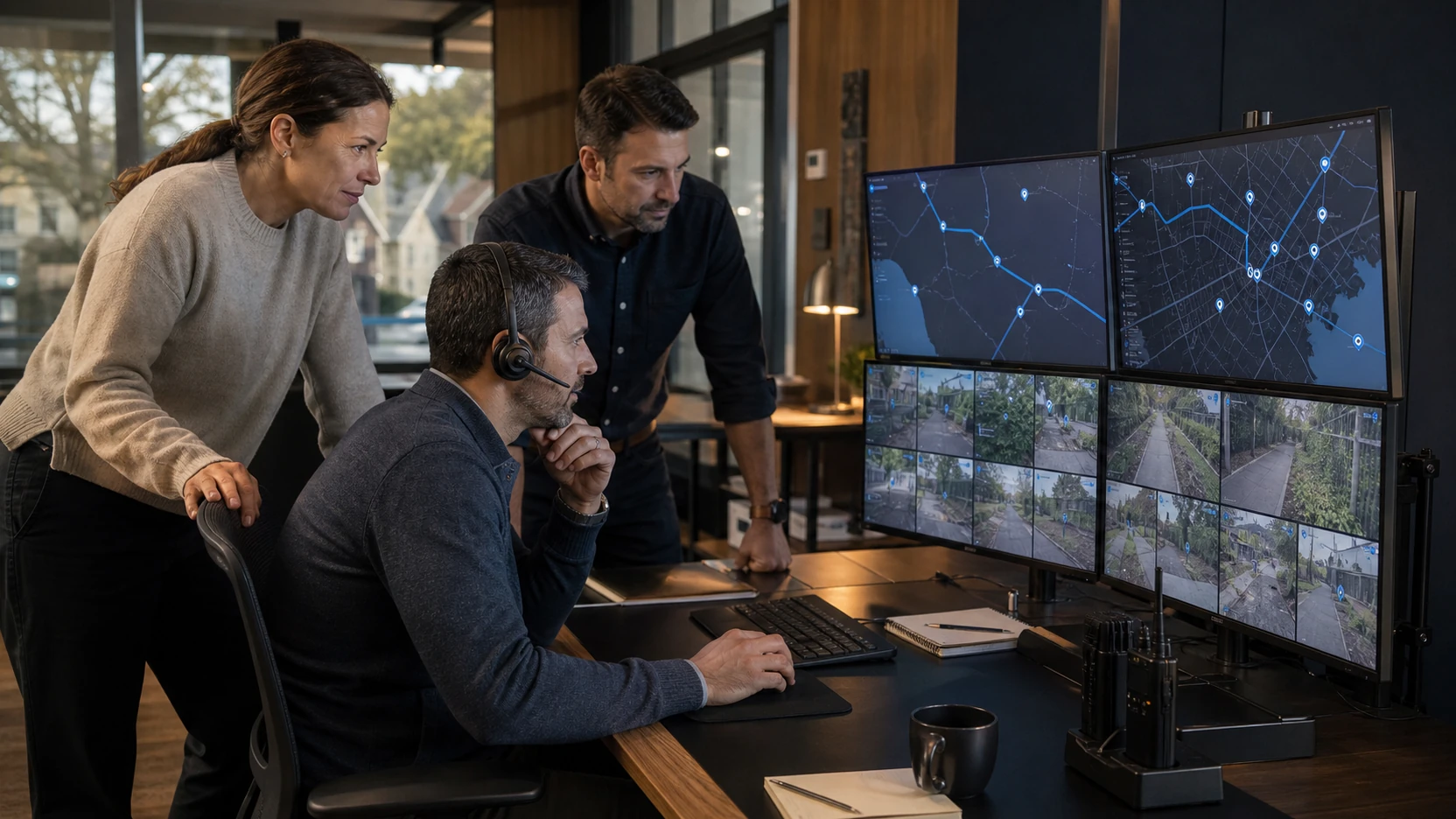 Permissioned office team coordinating routes and field evidence