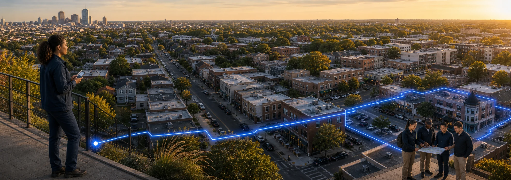 An operator overlooking a city as a mapped route connects their neighborhood knowledge to a nearby field team and opportunity district