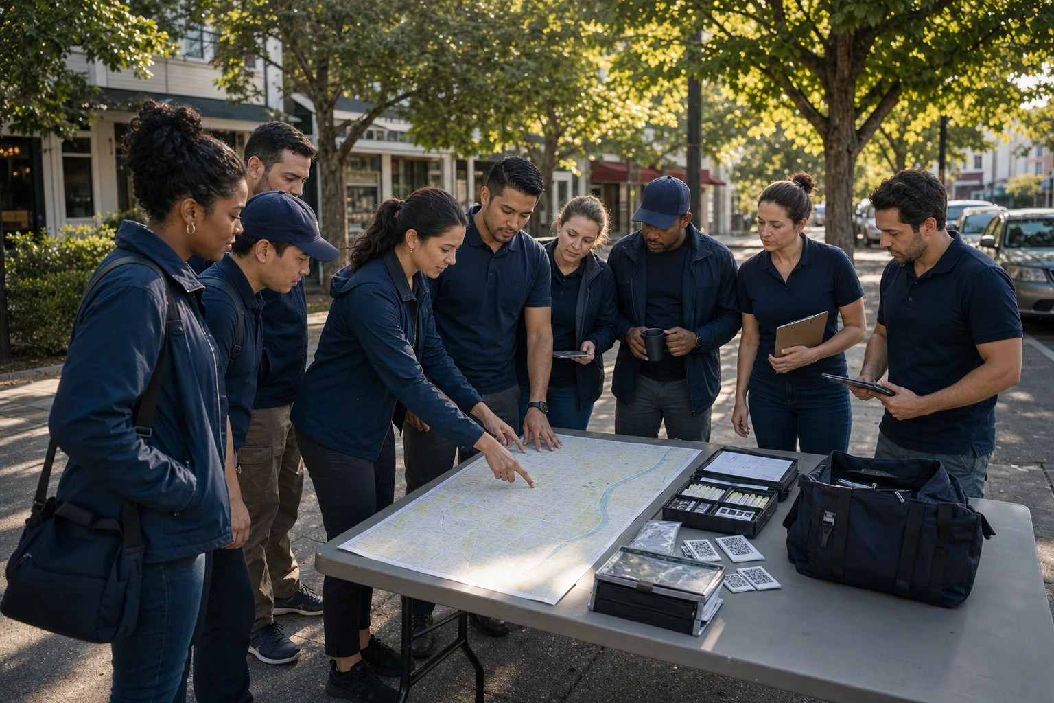 Crew leads assigning routes and field kits during a deployment huddle
