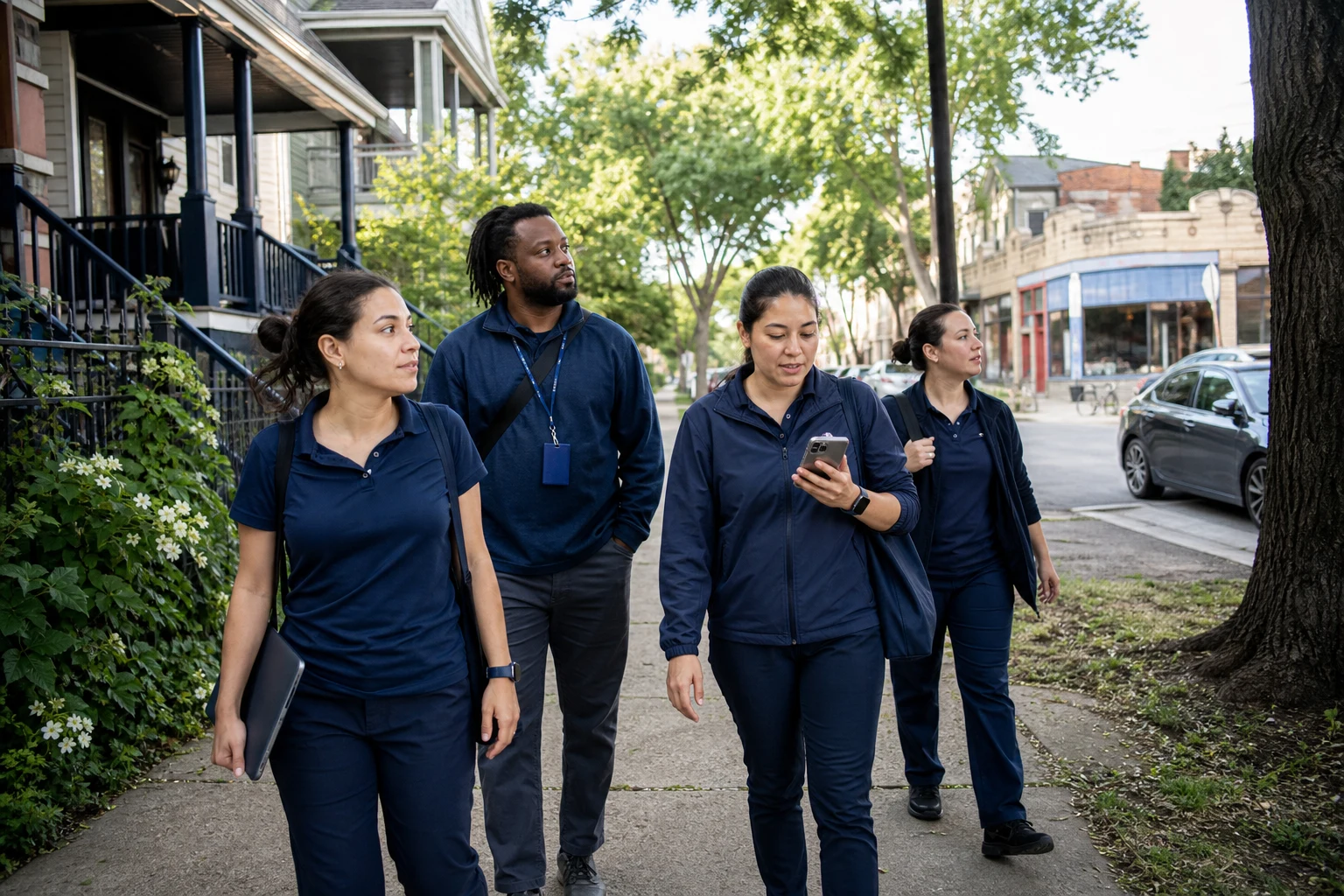 Local operator team walking a planned neighborhood route