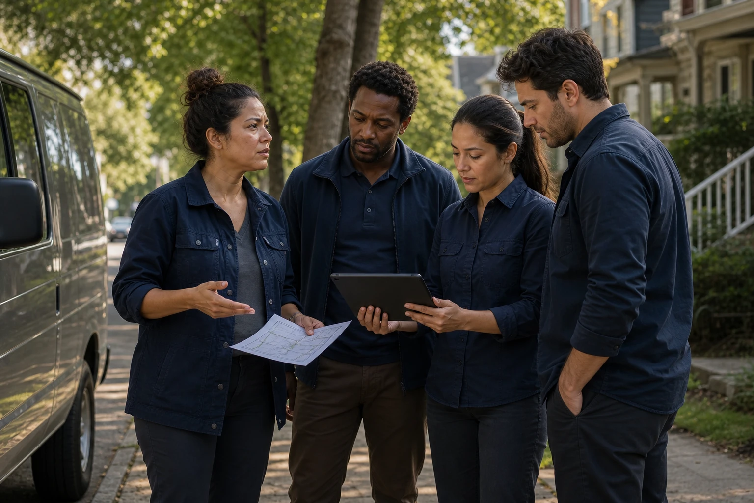 A local operator crew reviewing the day's route together