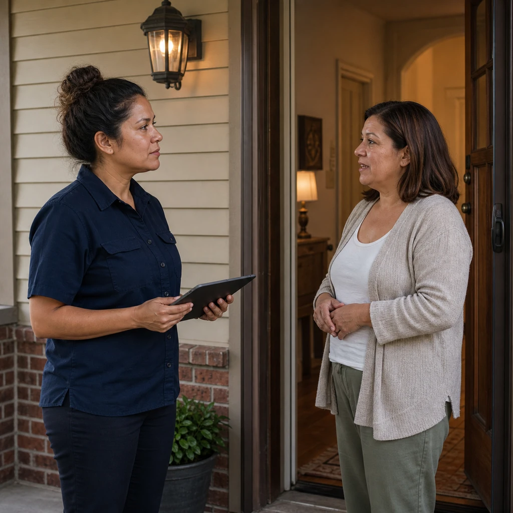 An operator having a respectful conversation at a homeowner's door