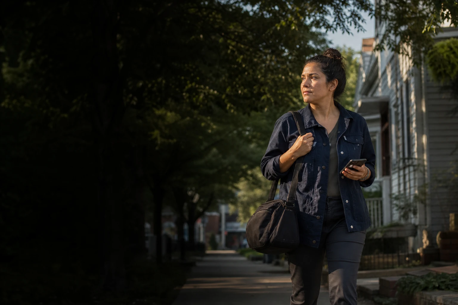 An operator walking through the neighborhood she knows