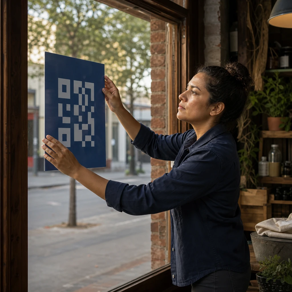 An operator installing approved material in a storefront window