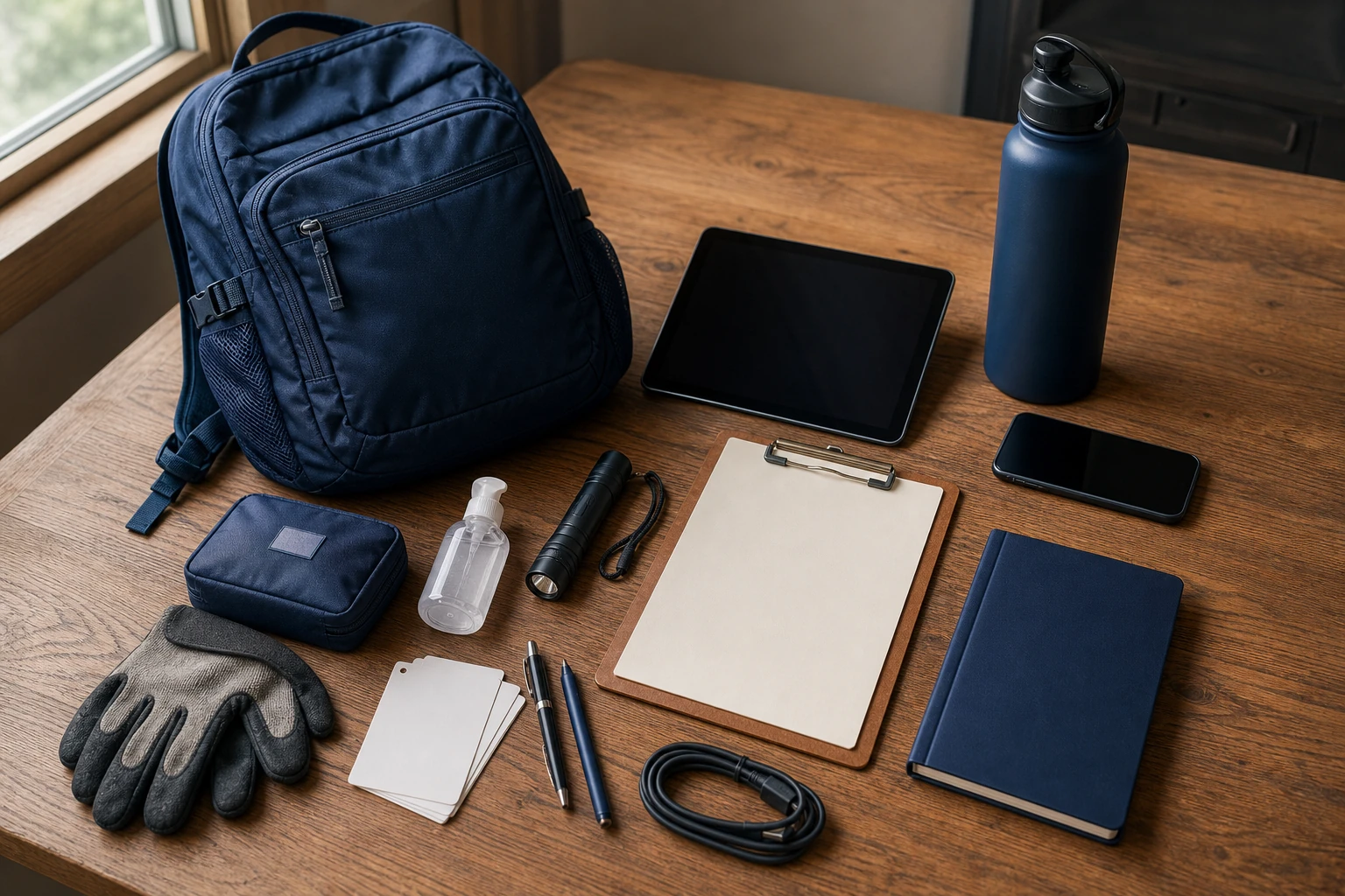 A prepared operator field kit with a backpack, tablet, phone, and safety materials