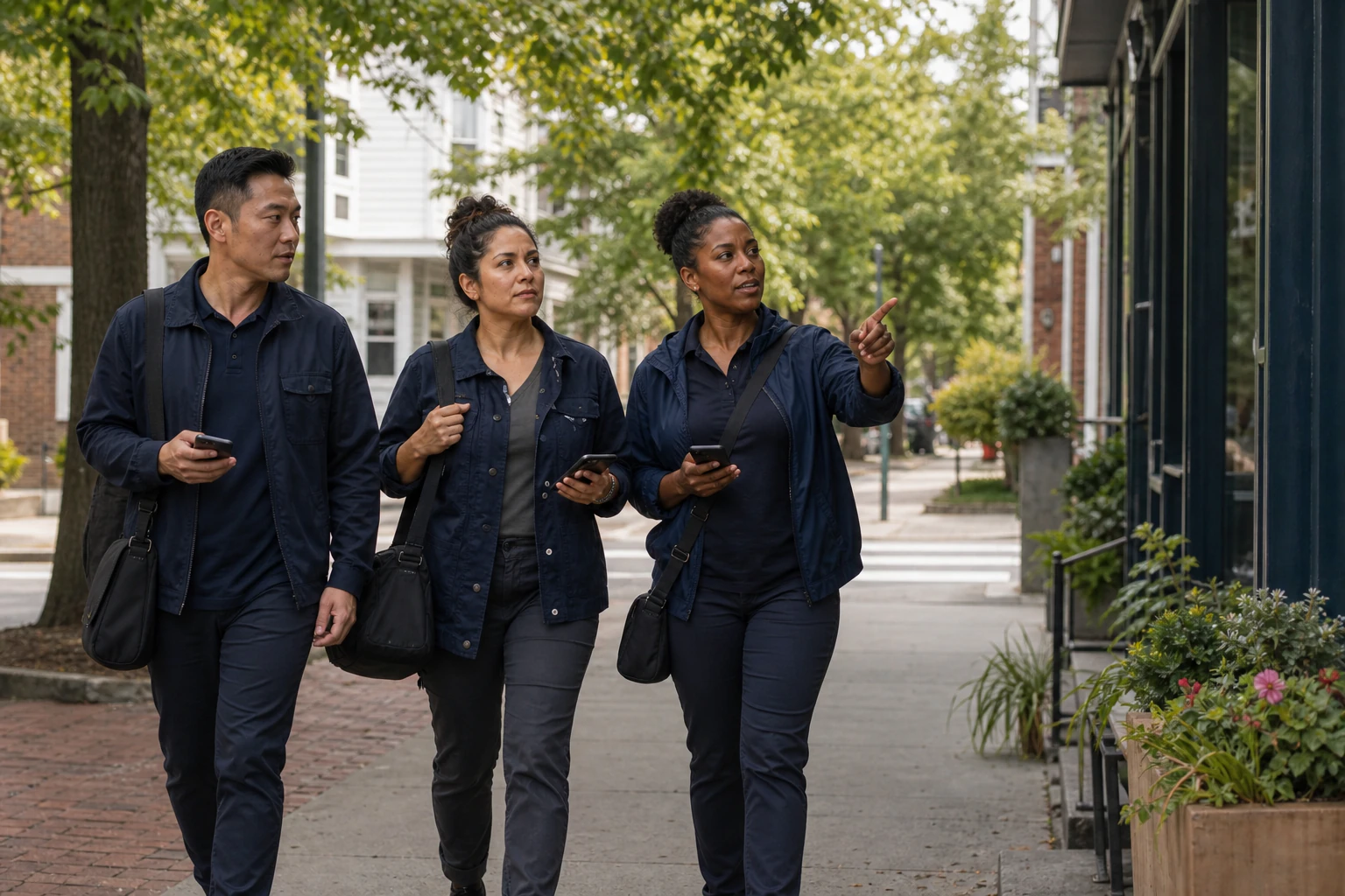 A local operator crew moving together through a neighborhood route