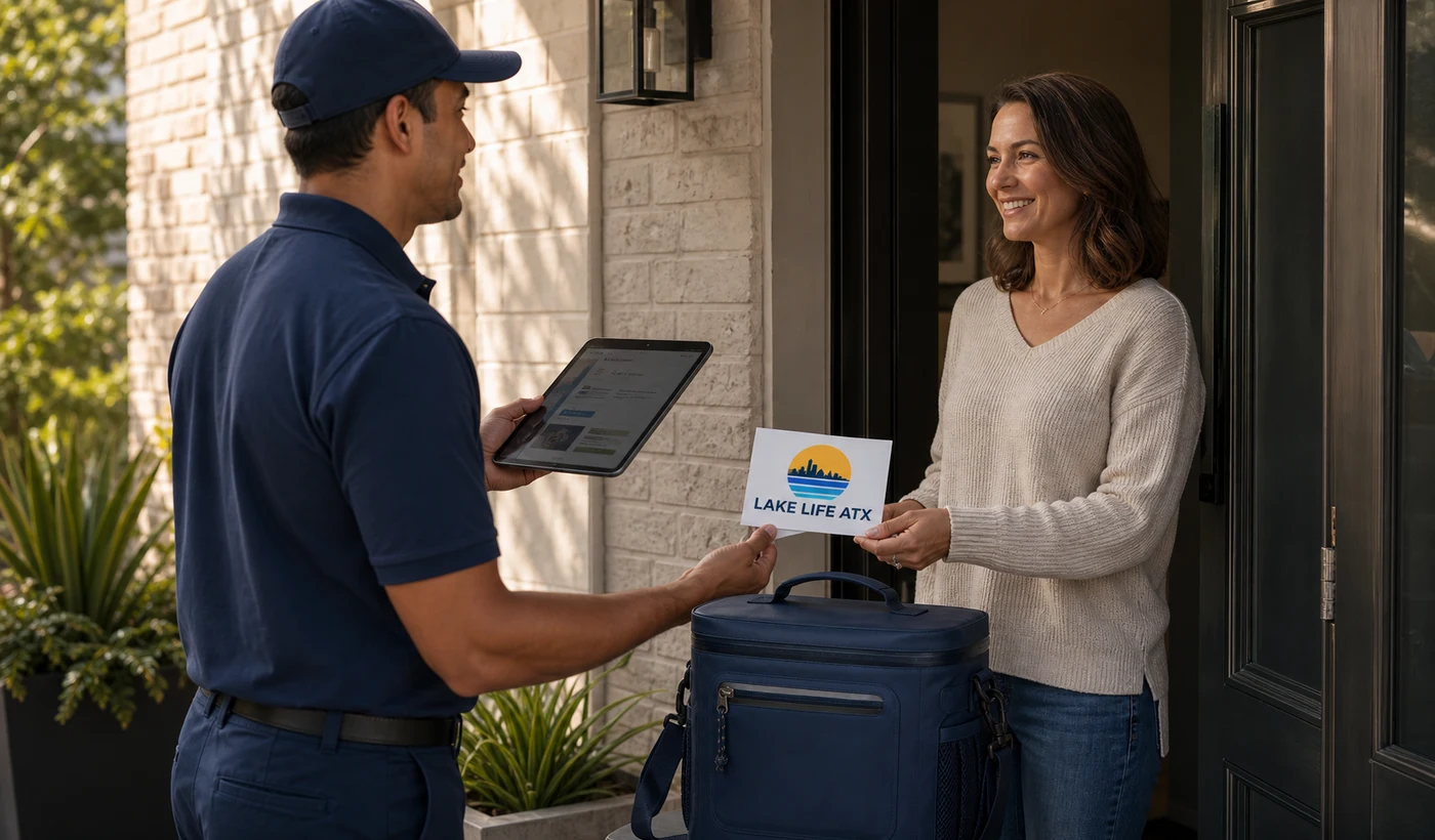 A Lake Life ATX operator presenting a Day Cooler at a doorway while referencing a permission-aware tablet brief