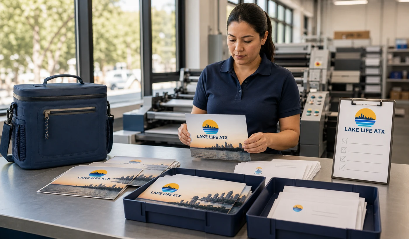 A fulfillment operator checking coordinated Lake Life ATX direct-mail pieces