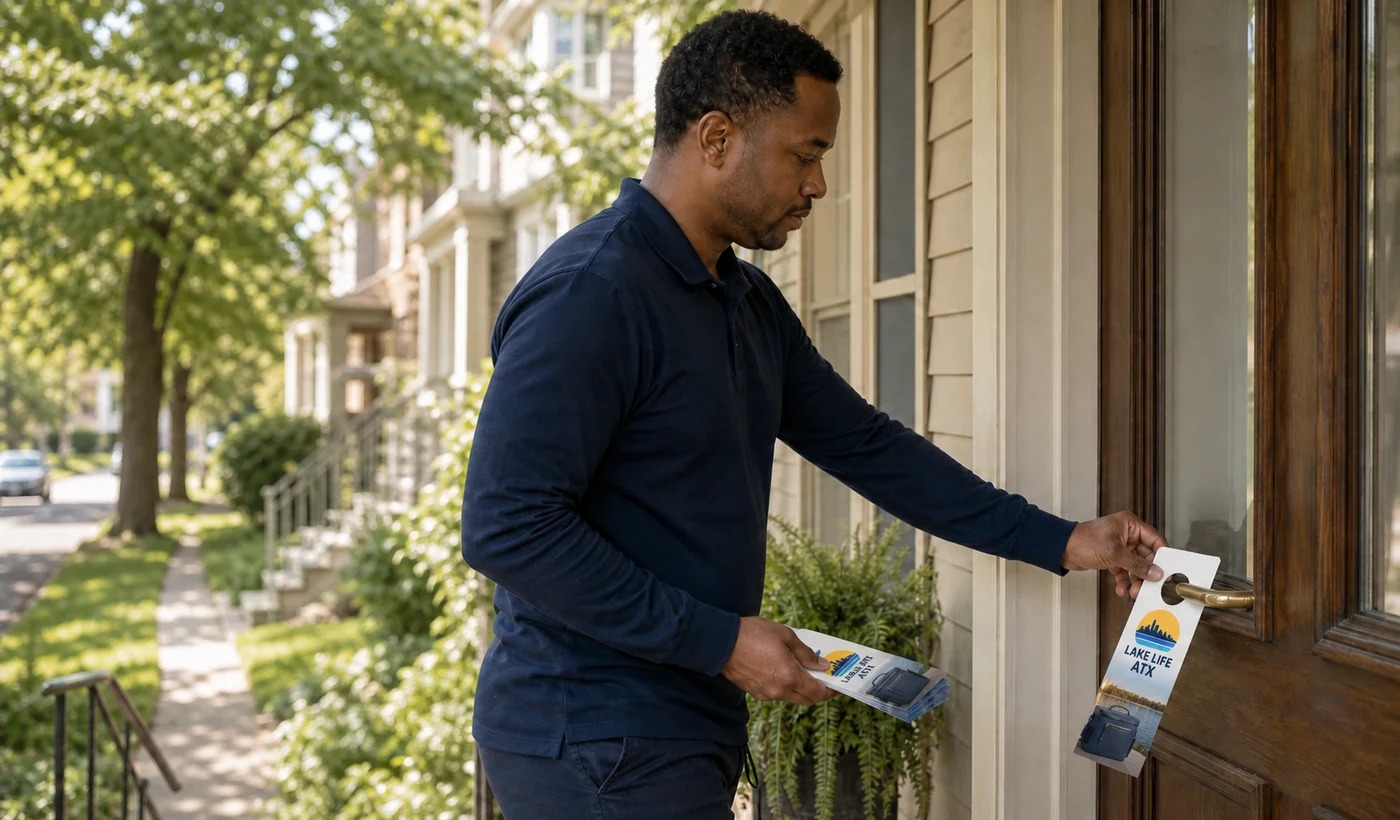 A field operator placing a Lake Life ATX door hanger on a residential front door