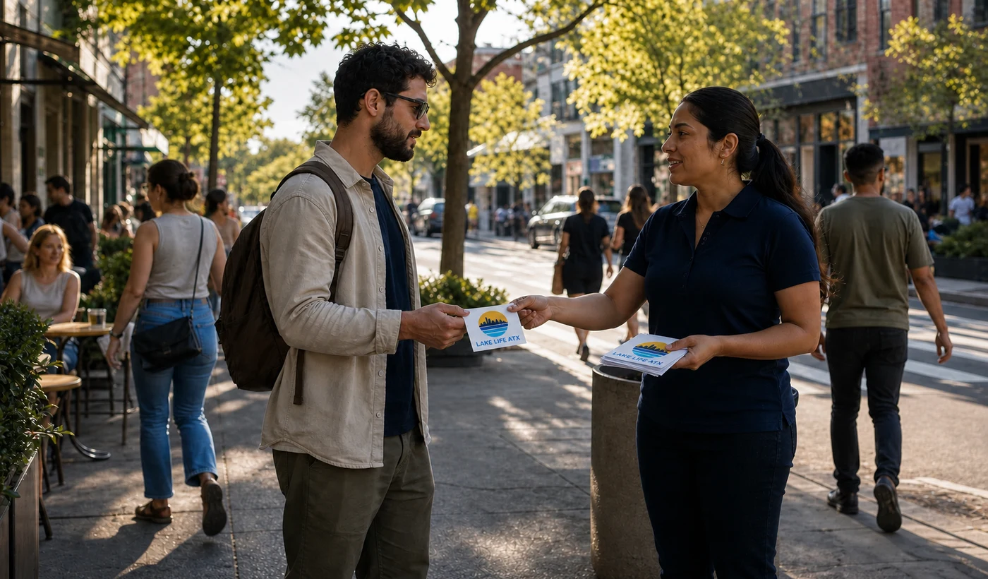 A street-team operator handing a Lake Life ATX flyer to a passerby in a commercial district