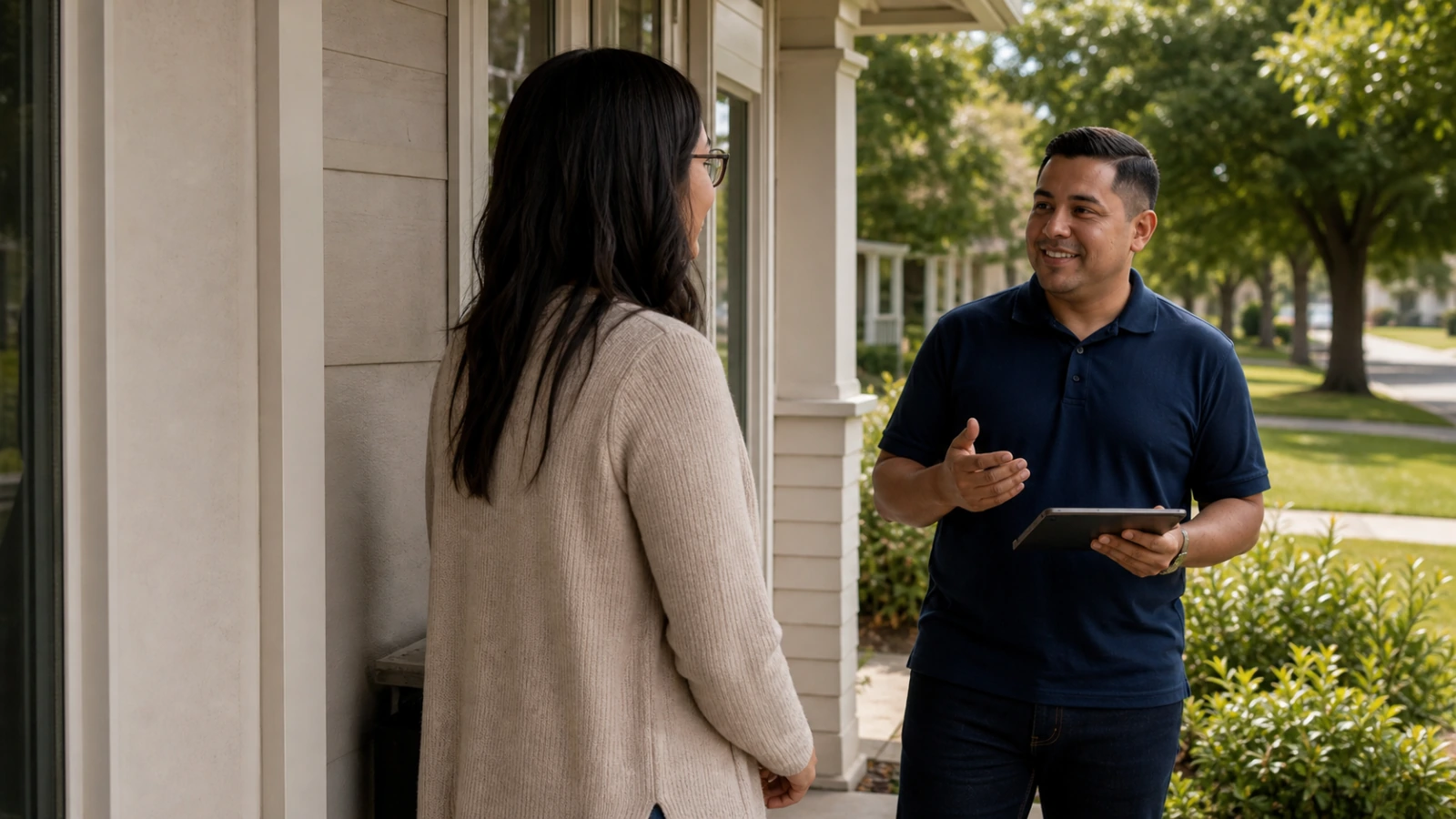 A field growth operator speaking with a resident at a doorway