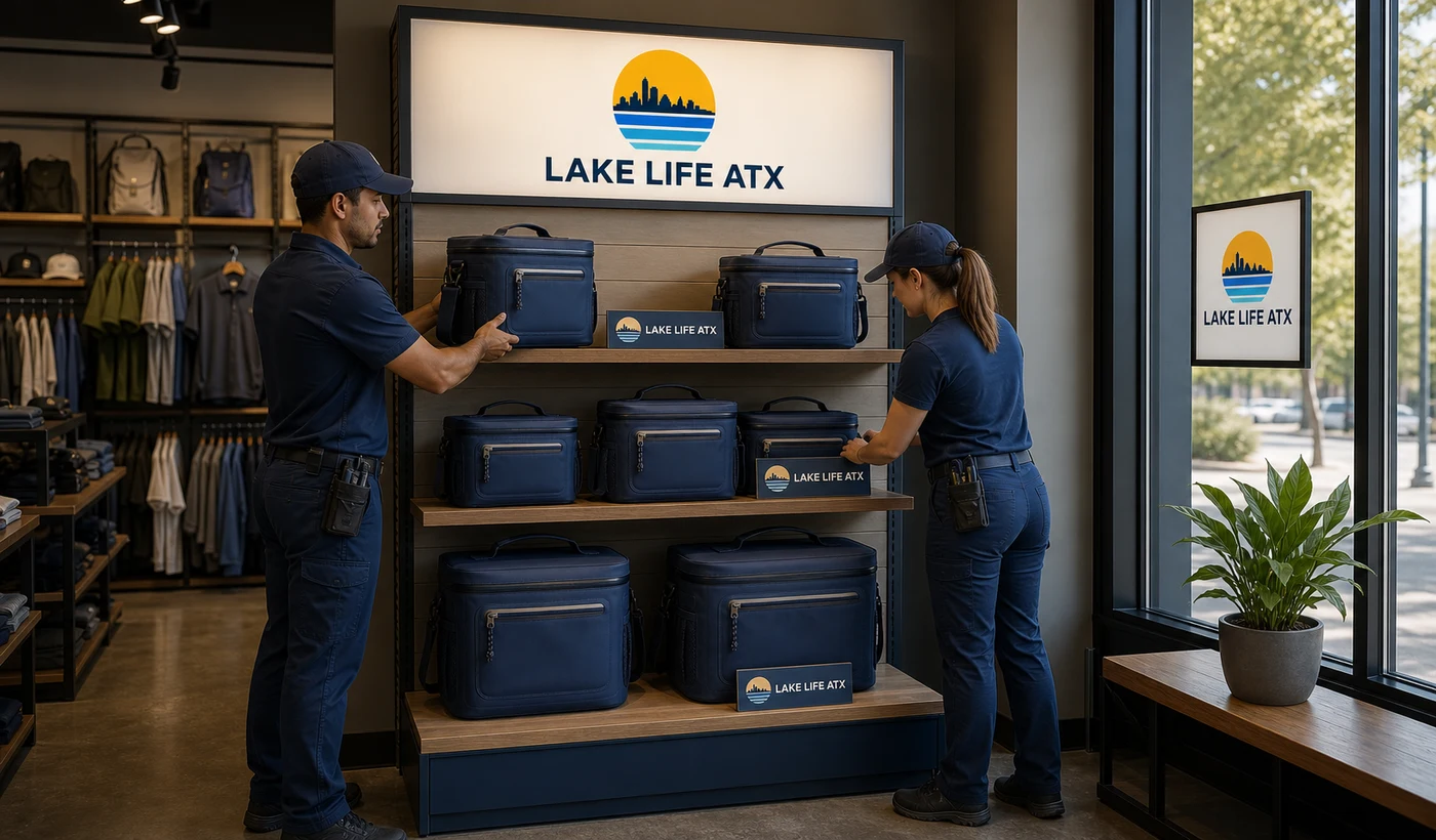 Two Lake Life ATX operators installing a Day Cooler merchandising display inside a storefront