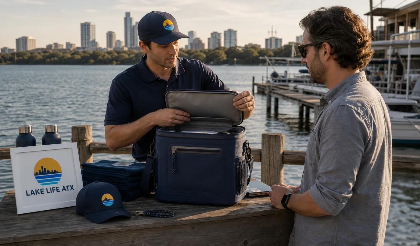 A Lake Life ATX operator demonstrating the Day Cooler to a shopper beside the water