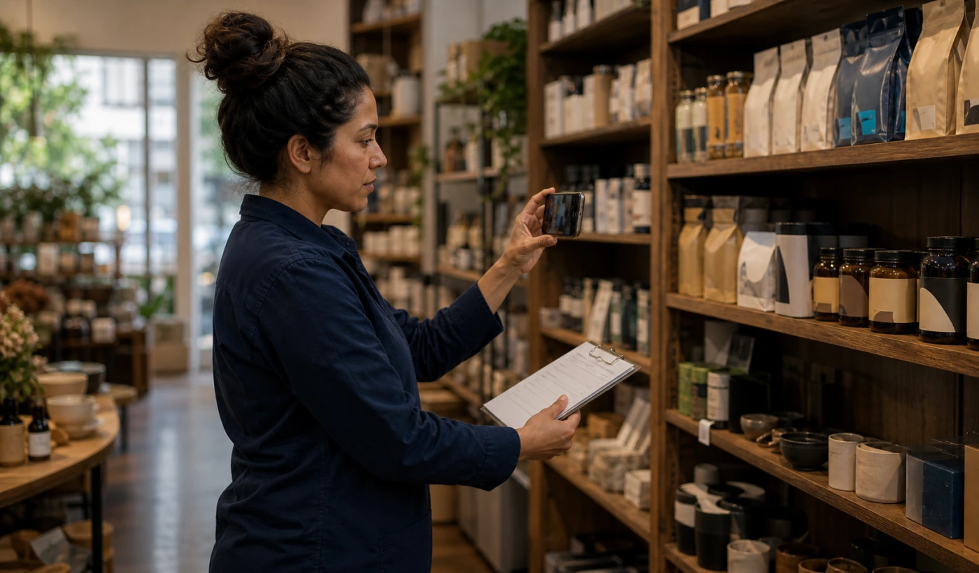 A field operator documenting a retail shelf display inside an independent store