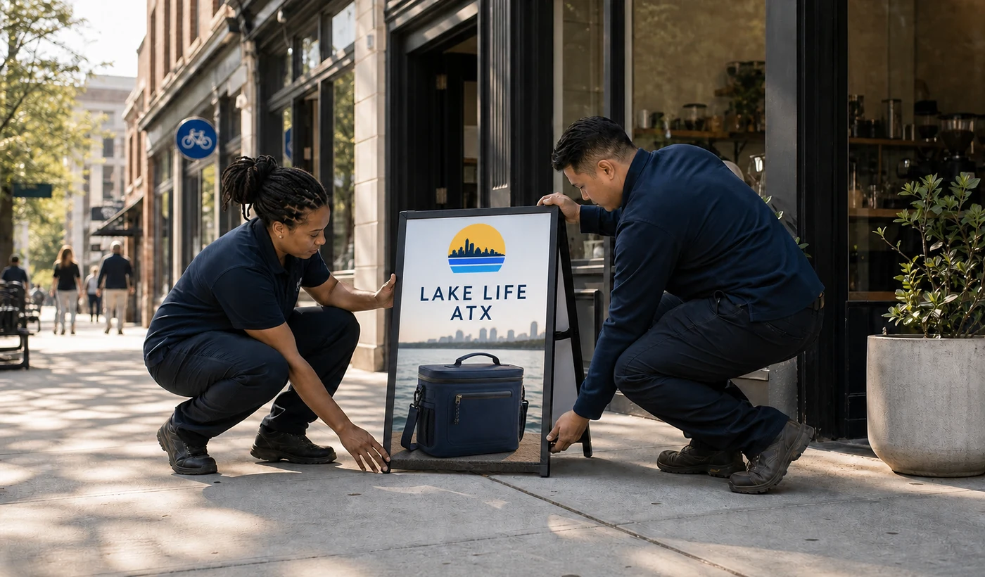 Two field operators carefully setting a Lake Life ATX A-frame sign outside a storefront