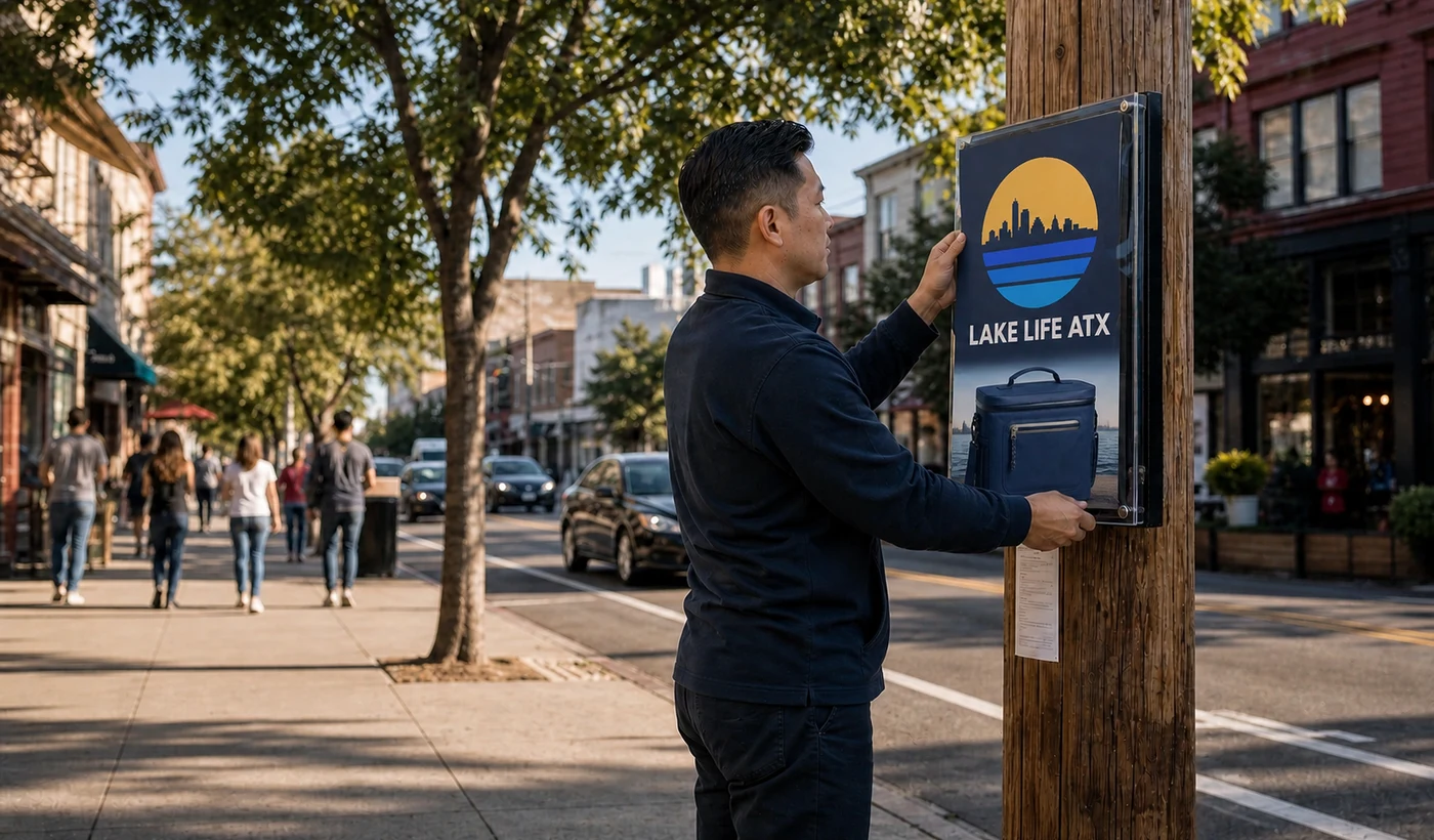 A field operator mounting a Lake Life ATX poster at an authorized utility-pole posting point