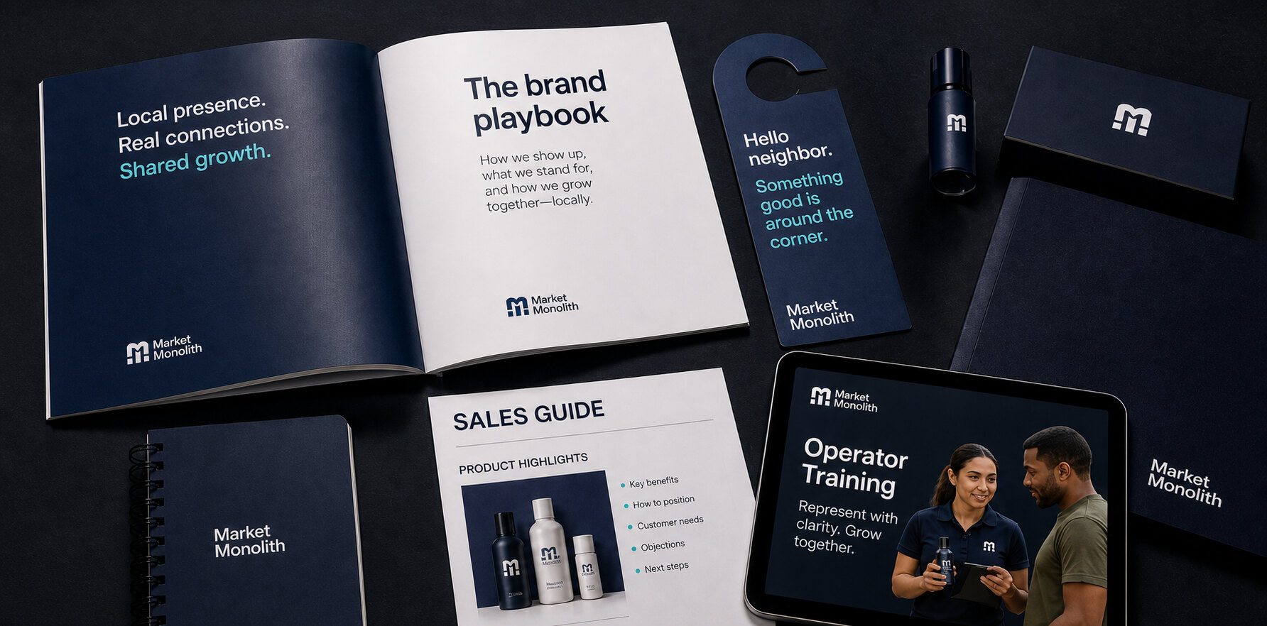 A brand playbook, product samples, sales guide, door hanger, and operator training tablet arranged on a navy table