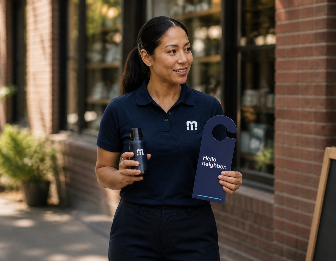 A trained operator carrying a product and door hanger outside a neighborhood shop