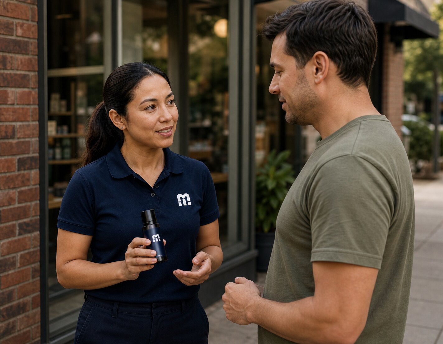 An operator explaining a product to a customer outside a local storefront