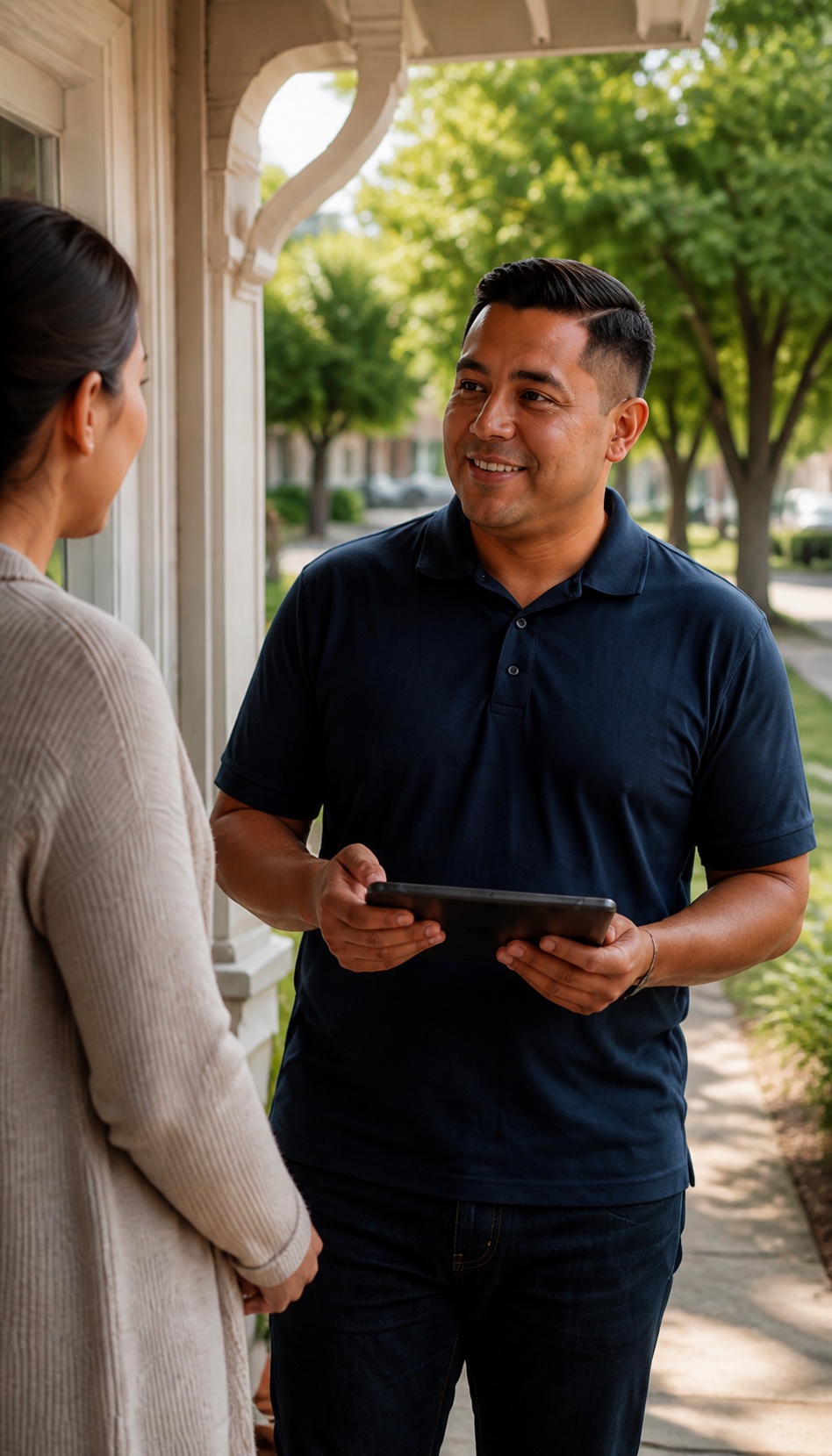 A field operator with a tablet talking with a homeowner at her front door