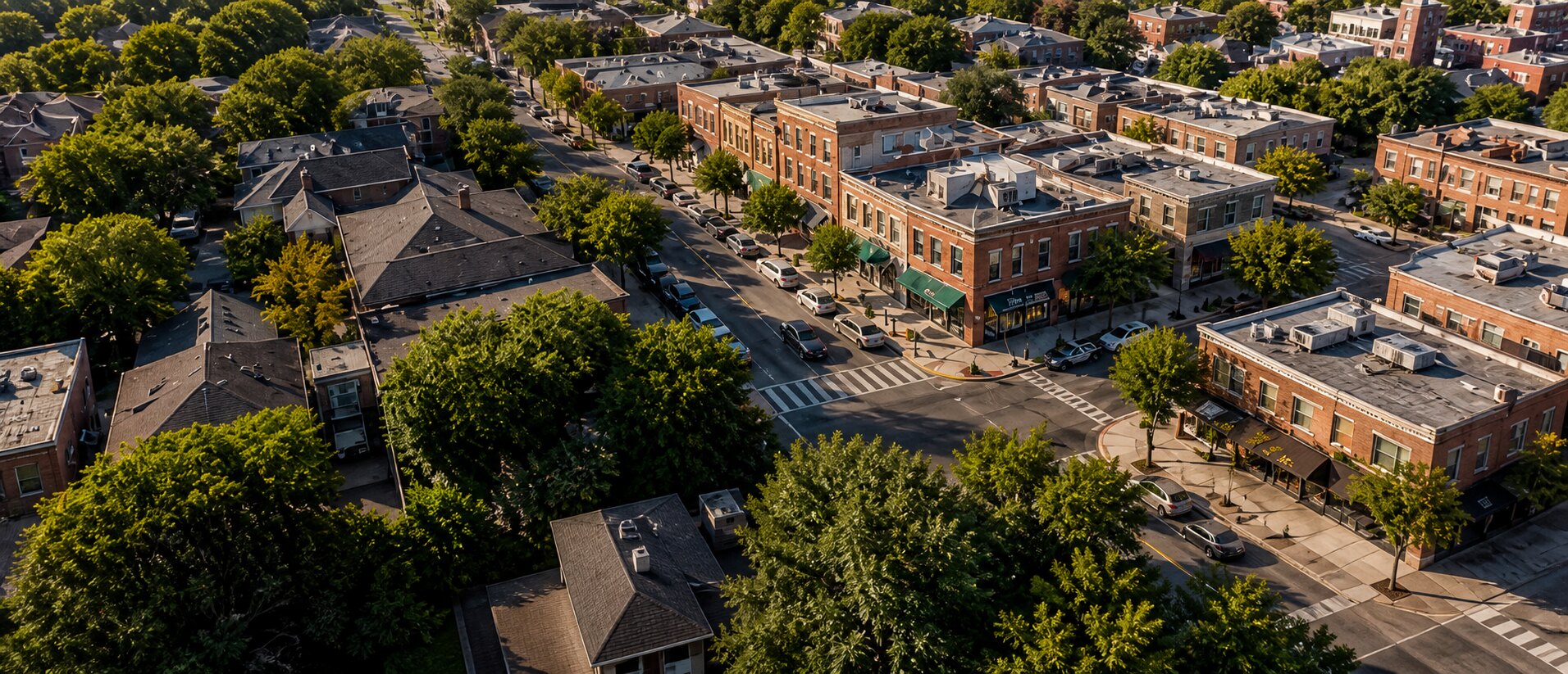 A leafy neighborhood with brick storefronts and residential streets seen from above