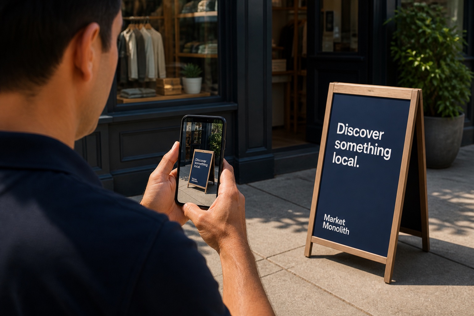 An operator preparing a photo record of a completed storefront sign placement