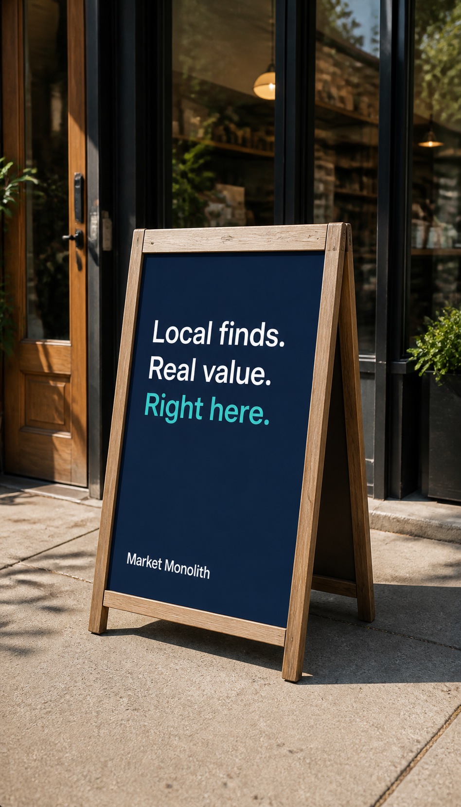 A navy Market Monolith A-frame sign outside an independent storefront