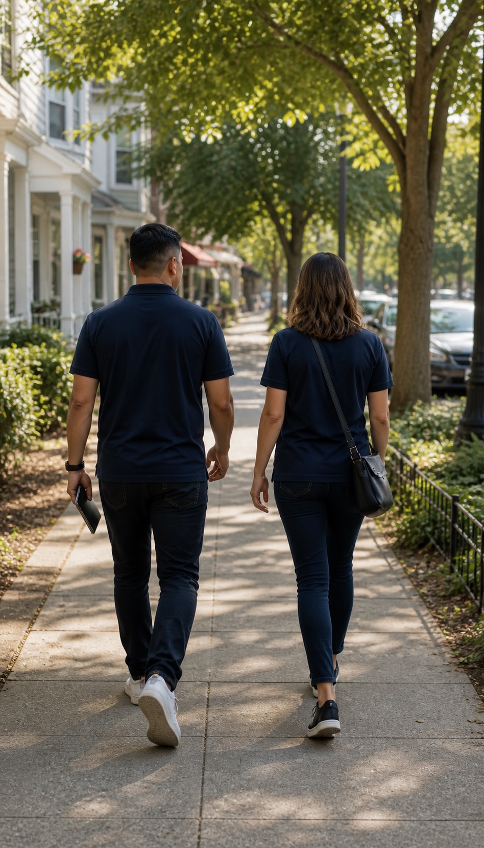 Two field operators walking along a leafy neighborhood sidewalk