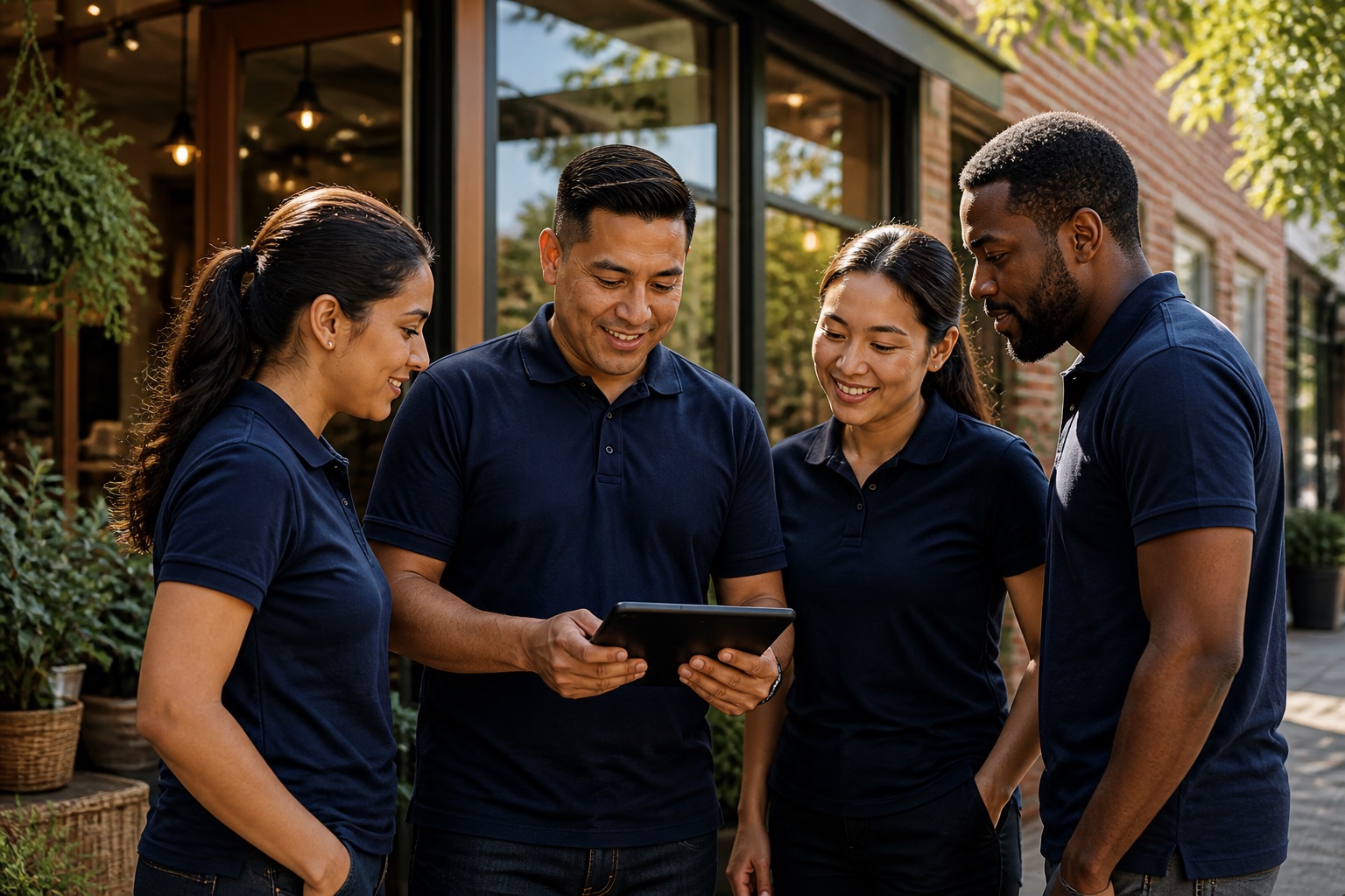 Four field operators reviewing a tablet together outside a neighborhood storefront