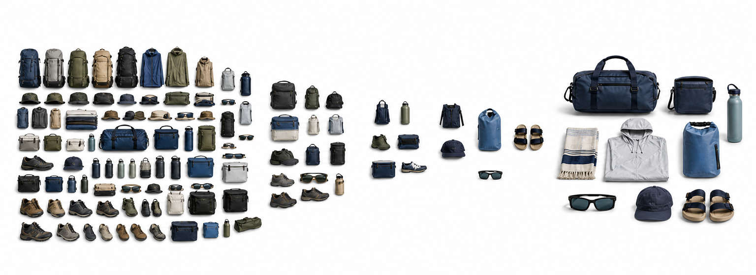 Outdoor catalog products progressively narrowing into a focused Lake Life ATX assortment