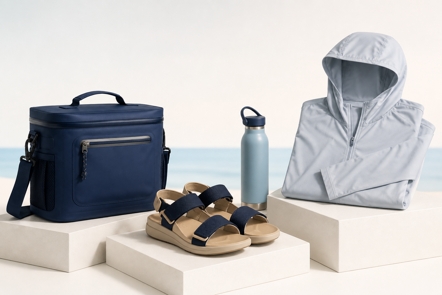 Lake Life ATX day cooler, sandals, water bottle, and sun hoodie