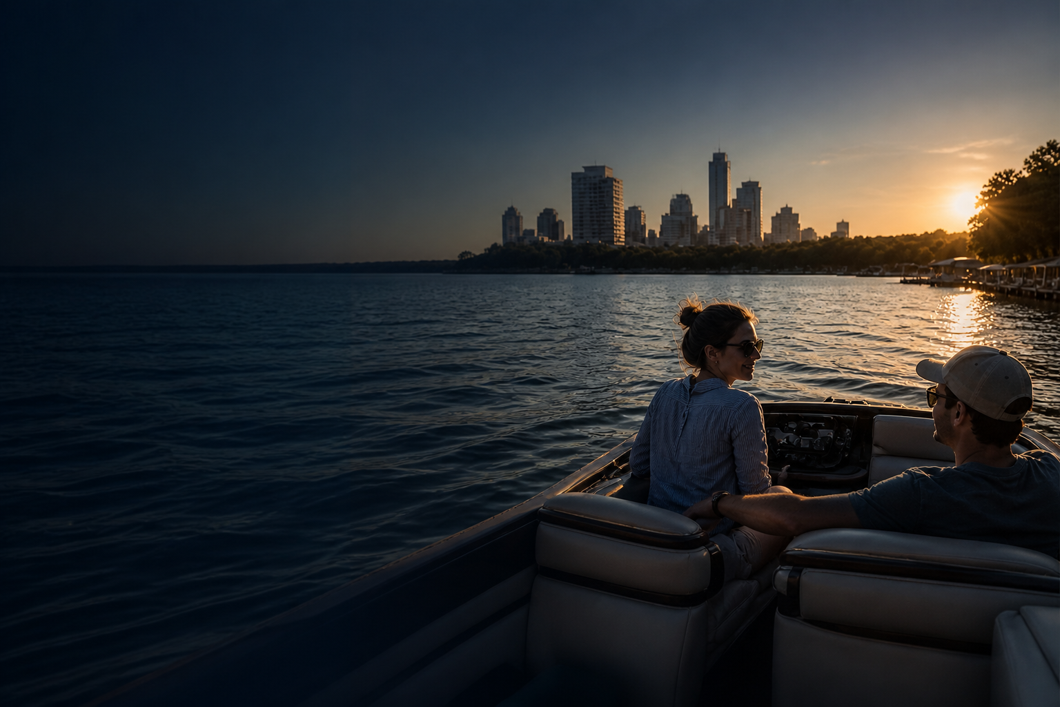Lake weekenders riding in a small boat across an Austin lake at sunset
